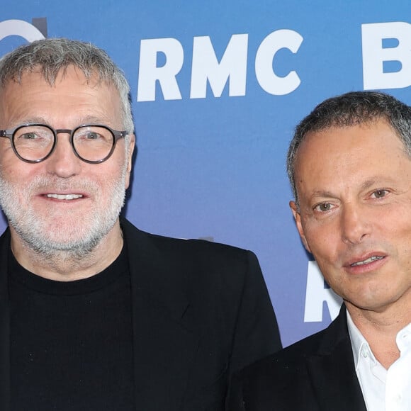 Laurent Ruquier et Marc-Olivier Fogiel lors de la conférence de presse de rentrée BFM TV. - RMC du groupe Altice France à Paris, France, le 31 août 2023. © Coadic Guirec/Bestimage 