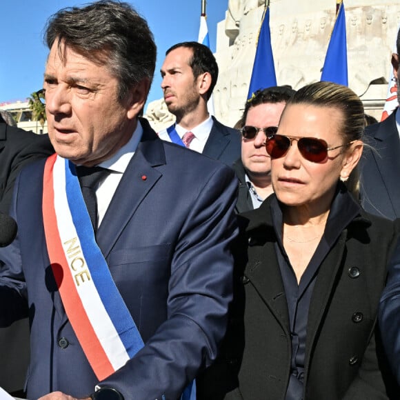 Hugues Moutouh, le préfet des Alpes-Maritimes, Christian Estrosi et sa femme Laura Tenoudji Estrosi - Christian Estrosi, le maire de Nice, avec le soutien du CRIF Sud-Est / Corse ont organisé un rassemblement républicain contre l'antisémitisme sur la Promenade des Anglais. © Bruno Bebert / Bestimage