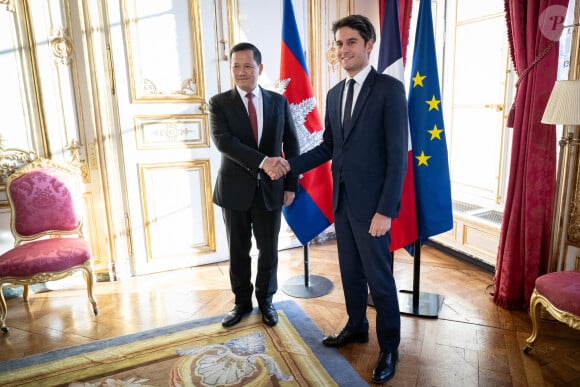 Gabriel Attal, Premier ministre, reçoit son homologue du Cambodge Hun Manet pour une réunion de travail à Matignon à Paris, le 19 janvier 2024. © Eric Tschaen / Pool / Bestimage 