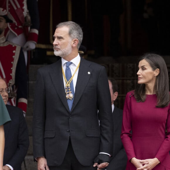 Le roi Felipe VI et la reine Letizia d'Espagne, la princesse Leonor assistent à la séance solennelle d'ouverture des Cortes Generales à Madrid.