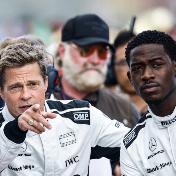 Brad Pitt en plein tournage à Silverstone. Le 9 juillet 2023.