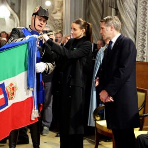 Exclusif - Vittoria de Savoie et son père Emmanuel-Philibert de Savoie, Victor-Emmanuel de Savoie - La famille de Savoie s'est retrouvée à l'abbaye de Hautecombe lors d'une messe pour célébrer les 40 ans de la disparition du dernier roi régnant d'Italie, Humbert II de Savoie à Saint-Pierre-de-Curtille, le 18 Mars 2023. Ce fût l'occasion pour Vittoria de Savoie, princesse de Carignan et marquise d'Ivrée, fille ainée d'Emmanuel-Philibert de Savoie et de Clotilde Courau, d'honorer sa première sortie officielle. © Dominique Jacovides/Bestimage 