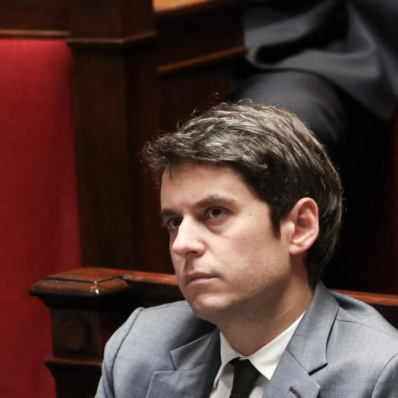 Amélie Oudéa-Castéra, Ministre de l'Éducation nationale, de la Jeunesse, des Sports et des Jeux Olympiques et paralympiques et le premier ministre, Gabriel Attal - Séance de questions au gouvernement à l'assemblée nationale, Paris, le 6 février 2024 © Stéphane Lemouton / Bestimage 