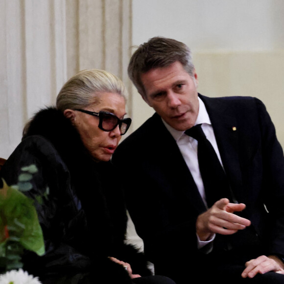 Marina Ricolfi-Doria et son fils, le prince Emmanuel-Philibert de Savoie - Veillée funèbre du prince Victor-Emmanuel de Savoie, en l'Eglise de Sant'Uberto à Turin, en présence de sa veuve Marina Ricolfi-Doria, de son fils, le prince E-P. de Savoie avec sa femme la princesse Clotilde Courau et leurs filles les princesses Vittoria et Luisa, le 9 février 2024. Le fils du dernier roi d'Italie s'est éteint le 3 février 2024 à l'âge de 86 ans. © Dominique Jacovides/Bestimage 