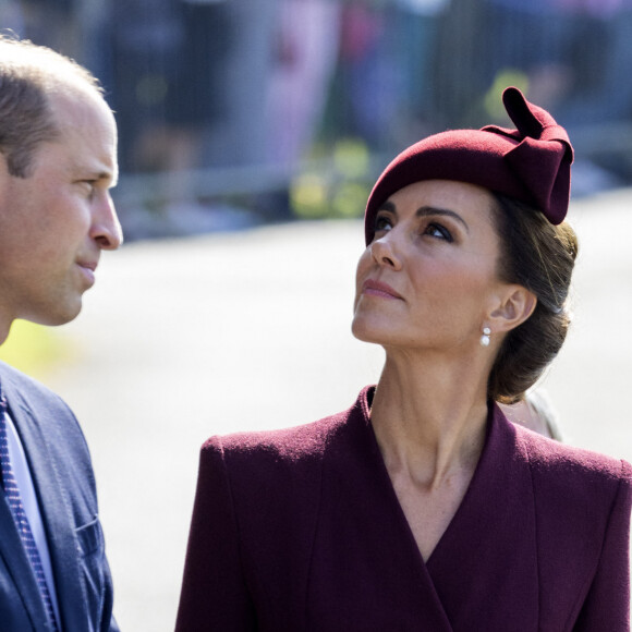 Le prince William, prince de Galles, et Catherine (Kate) Middleton, princesse de Galles assistent à un service religieux marquant le premier anniversaire de la mort de la reine Elizabeth II à la cathédrale St Davids à Haverfordwest dans le Pembrokeshire, pays de Galles, Royaume Uni, le 8 septembre 2023. 