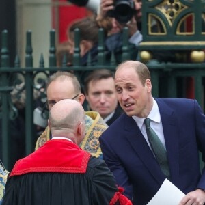 La famille royale britannique et les invités à la sortie du service de célébration de la Journée du Commonwealth (Commonwealth Day) à l'abbaye de Westminster à Londres, célébré cette année en l'absence de Charles III et de Kate. Londres, le 11 mars 2024. 