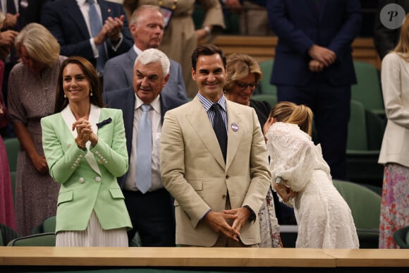 Catherine (Kate) Middleton, princesse de Galles, Roger Federer et sa femme Mirka dans les tribunes lors du tournoi de Wimbledon 2023 au All England Lawn Tennis and Croquet Club de Londres, Royaume Uni, le 4 juillet 2023. 