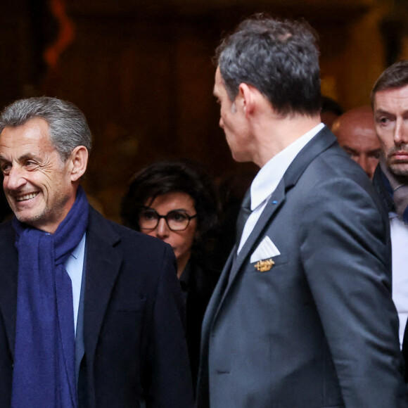 Nicolas Sarkozy - Sorties des obsèques de l'ancien ministre de la Culture Frédéric Mitterrand en l'Église Saint-Thomas d'Aquin à Paris. Le 26 mars 2024 © Moreau-Jacovides / Bestimage 