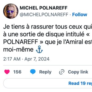 "Je tiens à rassurer tous ceux qui s'inquiétaient par rapport à une sortie de disque intitulée 'IL ÉTAIT UNE FOIS POLNAREFF' que l'Amiral est toujours vivant, ainsi que moi-même", a t-il écrit. Le message est passé !
(Capture d'écran compte X, anciennement Twitter de Michel Polnareff)