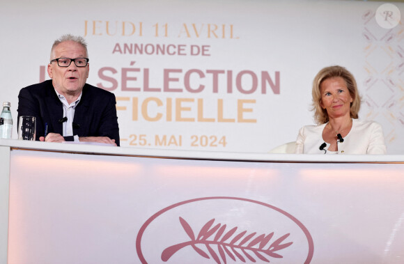 Thierry Frémaux, délégué général du festival de Cannes, Iris Knobloch, présidente du festival de Cannes lors de la conférence de presse pour annoncer la sélection officielle du 77ème Festival de Cannes à l'UGC Normandie à Paris le 11 avril 2024. © Dominique Jacovides / Bestimage 