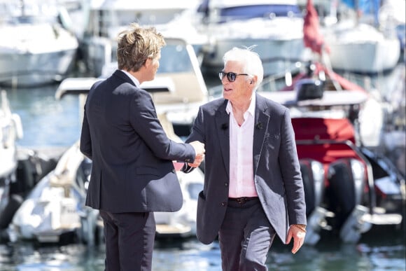 Exclusif - Laurent Delahousse et Richard Gere lors de l'enregistrement du "20h30 le dimanche" (19/05/24) avec Laurent Delahousse lors du 77ème Festival International du Film de Cannes, France, le 17 mai 2024. © Olivier Borde/Bestimage