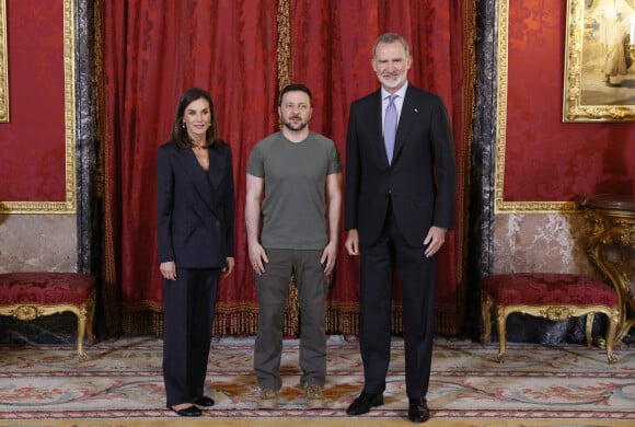 Le président ukrainien Volodymyr Zelensky reçu par Le roi Felipe VI et la reine Letizia d'Espagne, au palais royal à Madrid, le 27 mai 2024. © Lalo Yasky / Bestimage