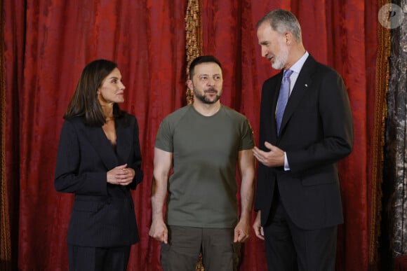 Le président ukrainien Volodymyr Zelensky reçu par Le roi Felipe VI et la reine Letizia d'Espagne, au palais royal à Madrid, le 27 mai 2024. © Lalo Yasky / Bestimage