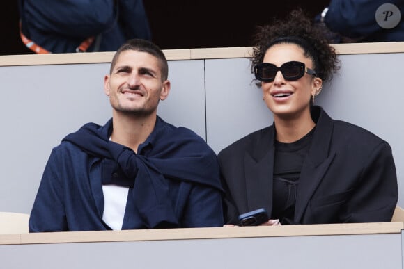 Marco Verratti et sa femme Jessica Aidi dans les tribunes des Internationaux de France de tennis de Roland Garros 2024 à Paris, France, le 31 mai 2024. © Jacovides-Moreau/bestimage 