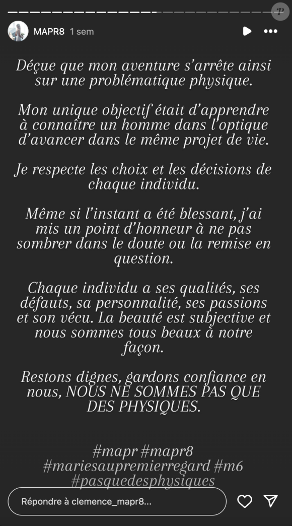 Sur Instagram, elle a tenu à remercier ses abonnés, mais a reconnu avoir été lourdement blessée par Romain.