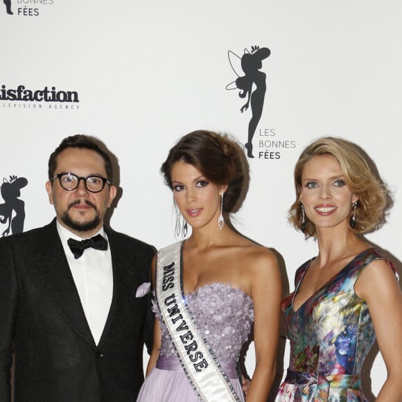 Nicolas Fafiotte (designer des robes de Iris Mittenaere et Sylvie Tellier), Iris Mittenaere (Miss Univers 2017), Sylvie Tellier - Gala de charité au profit de l'association "Les Bonnes fées" à l'hôtel d'Evreux, Place Vendôme à Paris, le 20 mars 2017. © Christophe Aubert via Bestimage 