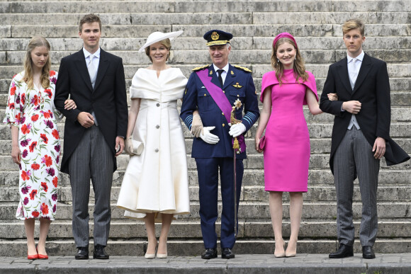 Le roi Philippe et la reine Mathilde de Belgique, la princesse Elisabeth, le prince Emmanuel, la princesse Eléonore et le prince Gabriel lors de la Fête nationale en la cathédrale Saint-Michel-et-Gudule à Bruxelles, le 21 juillet 2024