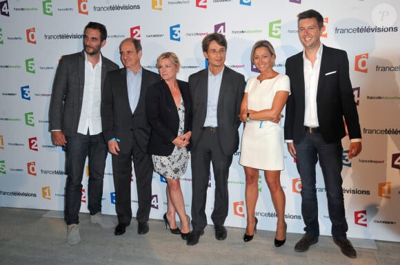 Matthieu Noël, Pierre Lescure, Anne-Elisabeth Lemoine, Bruno Patino, Anne Sophie Lapix et Maxime Switek - Conférence de presse de rentrée de France Télévisions au Palais de Tokyo à Paris, le 26 août 2014.