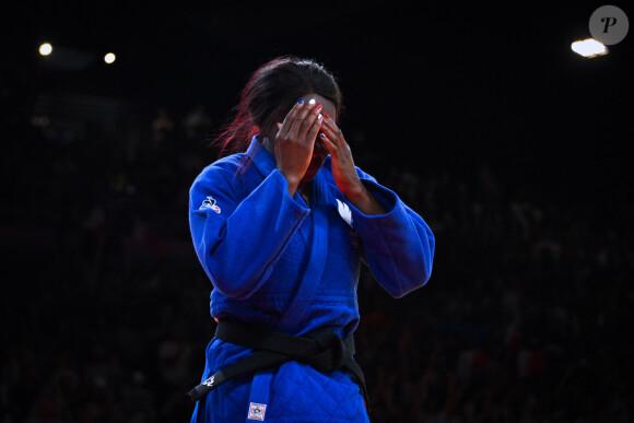 Clarisse Agbegnenou qualifiée pour la demie-finale (- 63 kilos) après sa victoire face à la Kosovare Laura Fazliu lors des Jeux Olympiques de Paris2024 (JO) à l'Arena Champ-de-Mars à Paris, le 30 juillet 2024. © Federico Pestellini / Panoramic / Bestimage 