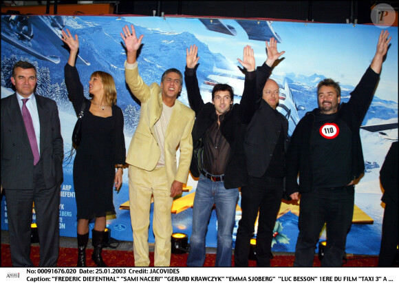 Samy Naceri, Emma Sjoberg, Frédéric Diefenthal, Luc Besson, Gérard Krawczyk - Première du film Taxi 3 à Marseille.