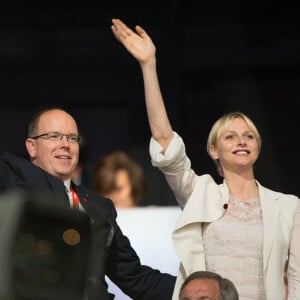 Le Prince Albert II de Monaco et la Princesse Charlène de Monaco sur les gradins lors de la cérémonie d'ouverture des Jeux Olympiques de Londres 2012, Londres, Royaume-Uni, le 27 juillet 2012. Photo par ABACAPRESS.COM