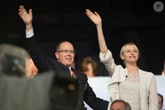 Le Prince Albert II de Monaco et la Princesse Charlène de Monaco sur les gradins lors de la cérémonie d'ouverture des Jeux Olympiques de Londres 2012, Londres, Royaume-Uni, le 27 juillet 2012. Photo par ABACAPRESS.COM