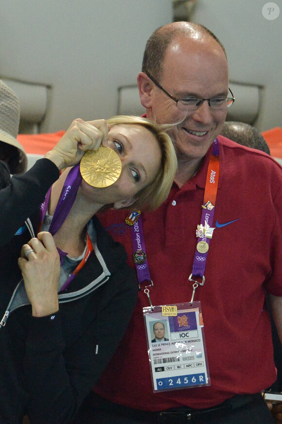 Le Prince Albert II de Monaco et la Princesse Charlène de Monaco suivent l'équipe de natation sud-africaine dans le centre aquatique des Jeux Olympiques de Londres, le 31 juillet 2012. Photo par ABACAPRESS.COM