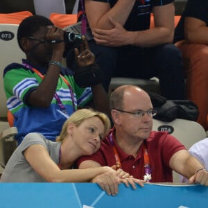 Le Prince Albert II de Monaco et la Princesse Charlène de Monaco suivent l'équipe de natation sud-africaine dans le centre aquatique des Jeux Olympiques de Londres, le 31 juillet 2012. Photo par ABACAPRESS.COM