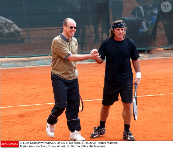 © Luca Sassi/WMP/ABACA. Monaco. 21/04/2002. Tennis Masters. Match Amical Avec Prince Albert, Guillermo Vilas, Ilie Nastase