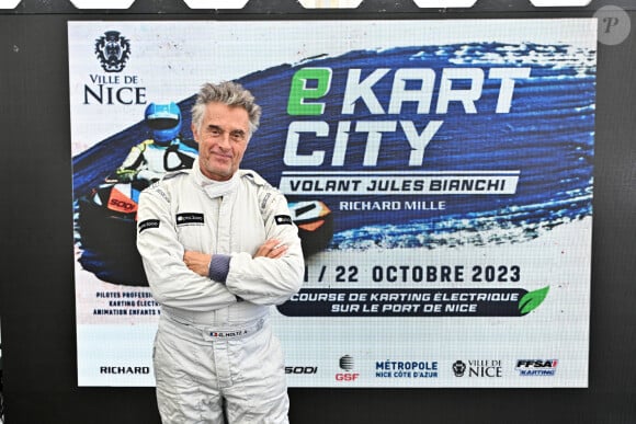 Exclusif - Gérard Holtz - Course des personnalités lors du trophée eKart City Volant Jules Bianchi sur le port de Nice le 21 octobre 2023. © Bruno Bebert/Bestimage 