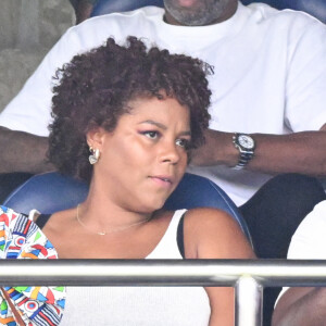 Teddy Riner et sa femme Luthna Plocus en tribunes pendant l'épreuve finale de football opposant la France à l'Espagne lors des Jeux Olympiques de Paris 2024 (JO) au Parc des Princes, à Paris, France, le 9 août 2024. © Jacovides-Perusseau/Bestimage 