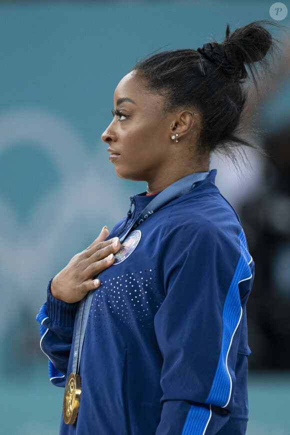 Simone Biles - Célébrités assistent aux épreuves de gymnastique lors des Jeux Olympiques de Paris2024 (JO) le 3 aout 2024. © Perusseau-Jacovides-Bestimage