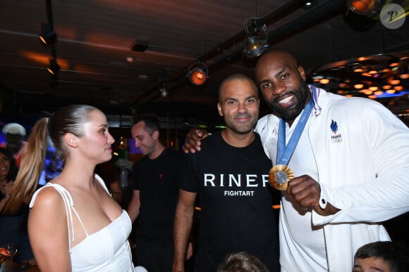 Exclusif - Teddy Riner - Teddy Riner fête son titre de champion Olympique de judo +100KG au restaurant "Podium" du groupe (Les bistrots Pas Parisiens) à Paris le 2 aout 2024. © Rachid Bellak/Bestimage