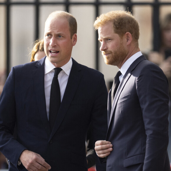 Harry et William ne se parlent plus depuis des mois et ne se sont pas vu depuis plus d'un an
Le prince de Galles William, le prince Harry, duc de Sussex à la rencontre de la foule devant le château de Windsor, suite au décès de la reine Elisabeth II d'Angleterre.