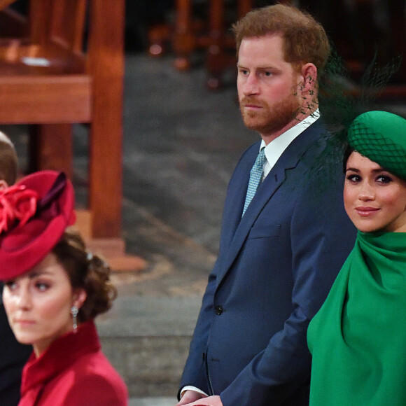 Le prince William, duc de Cambridge, et Catherine (Kate) Middleton, duchesse de Cambridge, Le prince Harry, duc de Sussex, Meghan Markle, duchesse de Sussex lors de la cérémonie du Commonwealth en l'abbaye de Westminster à Londres le 9 mars 2020.