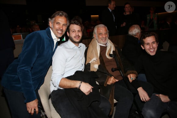 Paul Belmondo, Alessandro, Jean-Paul Belmondo et Victor Belmondo lors de la présentation en avant-première de 'The Gazelles' un film réalisé par Paul Belmondo et projeté à l'Unesco en présence de Audrey Azoulay la directrice générale de l'Unesco et Dominique Serra fondatrice et directrice du Rallye des Gazelles du Maroc. Paris le 24 novembre 2017 © Denis Guignebourg / Bestimage