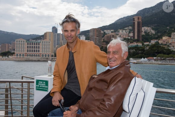 Exclusif - Paul Belmondo et Jean-Paul Belmondo - Tournage du documentaire produit par Cyril Viguier et Paul Belmondo sur son père "Belmondo par Belmondo" au Palm Beach à Monaco. Le 4 juin 2014 © Frederic Nebinger / Bestimage 