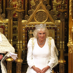 Le roi Charles III d'Angleterre et Camilla Parker Bowles, reine consort d'Angleterre, au Palais de Westminster lors de l'ouverture officielle du Parlement britannique. Londres, le 17 juillet 2024. 