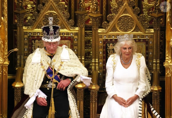 Le roi Charles III d'Angleterre et Camilla Parker Bowles, reine consort d'Angleterre, au Palais de Westminster lors de l'ouverture officielle du Parlement britannique. Londres, le 17 juillet 2024. 