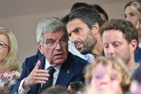 Thomas Bach, président du CIO, et Tony Estanguet, président de Paris 2024, assistent à l'ouverture de la piste de paracyclisme des Jeux paralympiques de Paris 2024 au Vélodrome national, le 29 août 2024 à Paris, France. Photo par Tomas Stevens/ABACAPRESS.COM