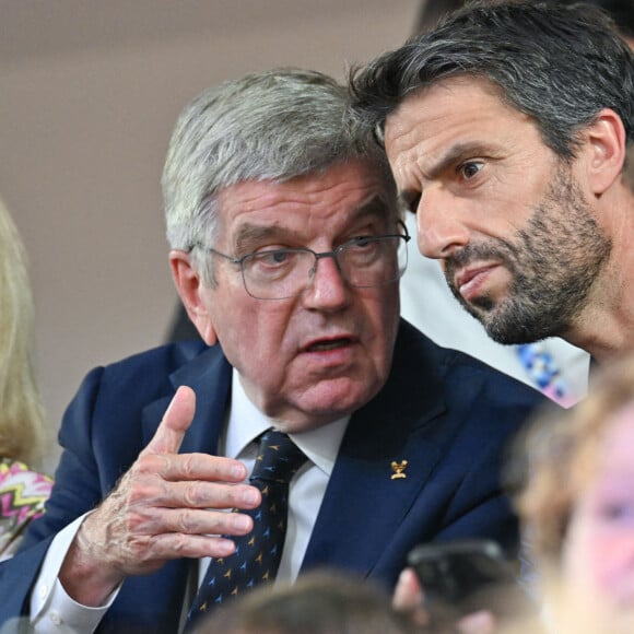 Thomas Bach, président du CIO, et Tony Estanguet, président de Paris 2024, assistent à l'ouverture de la piste de paracyclisme des Jeux paralympiques de Paris 2024 au Vélodrome national, le 29 août 2024 à Paris, France. Photo par Tomas Stevens/ABACAPRESS.COM