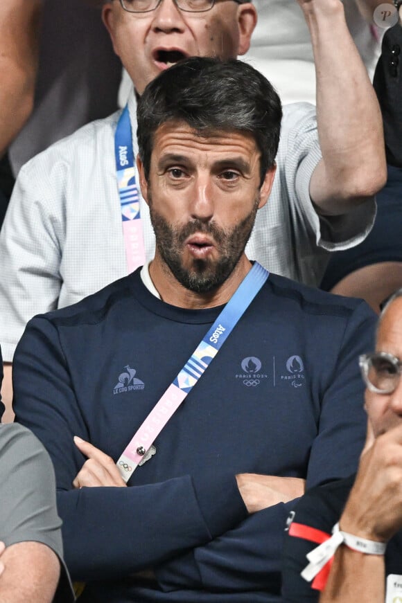 Tony Estanguet pendant le match de la médaille de bronze par équipe entre l'équipe de France et l'équipe du Japon lors de la quatorzième journée des Jeux Olympiques Paris 2024 à la South Paris Arena le 09 août 2024 à Paris, France. Photo par David Niviere/ABACAPRESS.COM