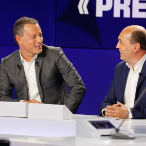 Marc-Olivier Fogiel (directeur général de BFMTV), Hervé Beroud (directeur général délégué de Altice Média, chargé de l' information et du sport) - Conférence de presse de rentrée de BFMTV saison 2021/2022 à l'Altice Campus à Paris, France, le 25 août 2021. © Christophe Clovis/Bestimage