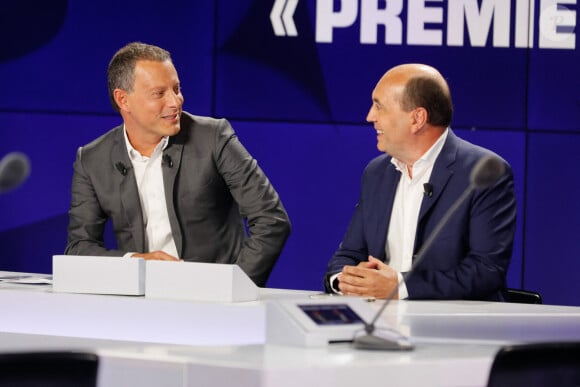 Marc-Olivier Fogiel (directeur général de BFMTV), Hervé Beroud (directeur général délégué de Altice Média, chargé de l' information et du sport) - Conférence de presse de rentrée de BFMTV saison 2021/2022 à l'Altice Campus à Paris, France, le 25 août 2021. © Christophe Clovis/Bestimage