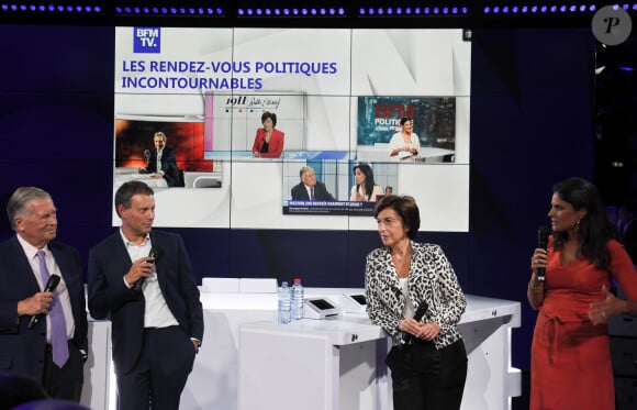 Marc-Olivier Fogiel, PDG de BFM.TV, Ruth Elkrief, Apolline de Malherbe, Alain Duhamel - Conférence de presse de rentrée de BFM.TV à Paris le 5 septembre 2019. © Guirec Coadic / Bestimage