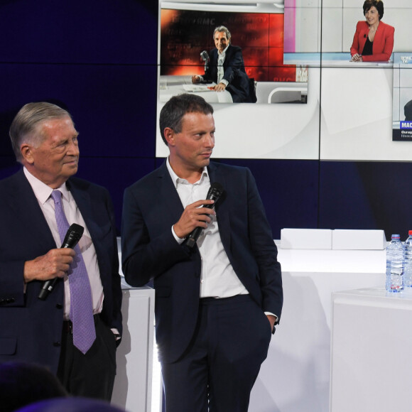 Marc-Olivier Fogiel, PDG de BFM.TV, Ruth Elkrief, Apolline de Malherbe, Alain Duhamel - Conférence de presse de rentrée de BFM.TV à Paris le 5 septembre 2019. © Guirec Coadic / Bestimage