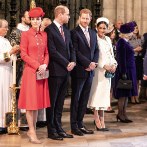 Catherine Kate Middleton, duchesse de Cambridge, le prince William, duc de Cambridge, le prince Harry, duc de Sussex, Meghan Markle, enceinte, duchesse de Sussex, le prince Charles, prince de Galles lors de la messe en l'honneur de la journée du Commonwealth à l'abbaye de Westminster à Londres le 11 mars 2019. 