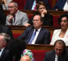 Jérôme Buisson, un autre député, se moque de François Hollande pour l'occasion. "D'autres bâtiments qui hébergent les députés sont dans le même cas ! Depuis que Hollande est député la pluie nous suit même à l'intérieur...", ose-t-il
François Hollande - Discours de politique générale du nouveau Premier ministre Michel Barnier à l'Assemblée nationale à Paris, le 1er octobre 2024. © Lionel Urman / Panoramic / Bestimage