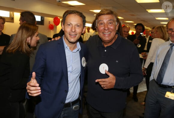 Marc-Olivier Fogiel et Jean-Pierre Foucault participant à la 13e journée caritative de BGC pour honorer la mémoire des 658 employés de BGC tués au WTC le 11/9/2001, qui s'est tenue au siège d'Aurel BGC, rue Richelieu à Paris, France, le 11 septembre 2017. Photo par Jerome Domine/ABACAPRESS.COM