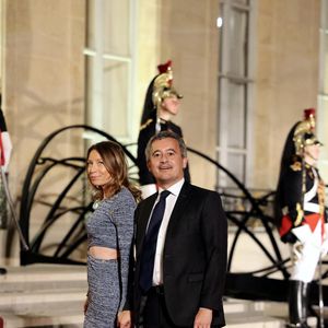 Gérald Darmanin et sa femme Rose-Marie Devillers arrivant au dîner d'état au palais de l'Elysée à Paris en l'honneur de la visite du roi et de la reine de Belgique en France le 14 octobre 2024. © Dominique Jacovides / Bestimage